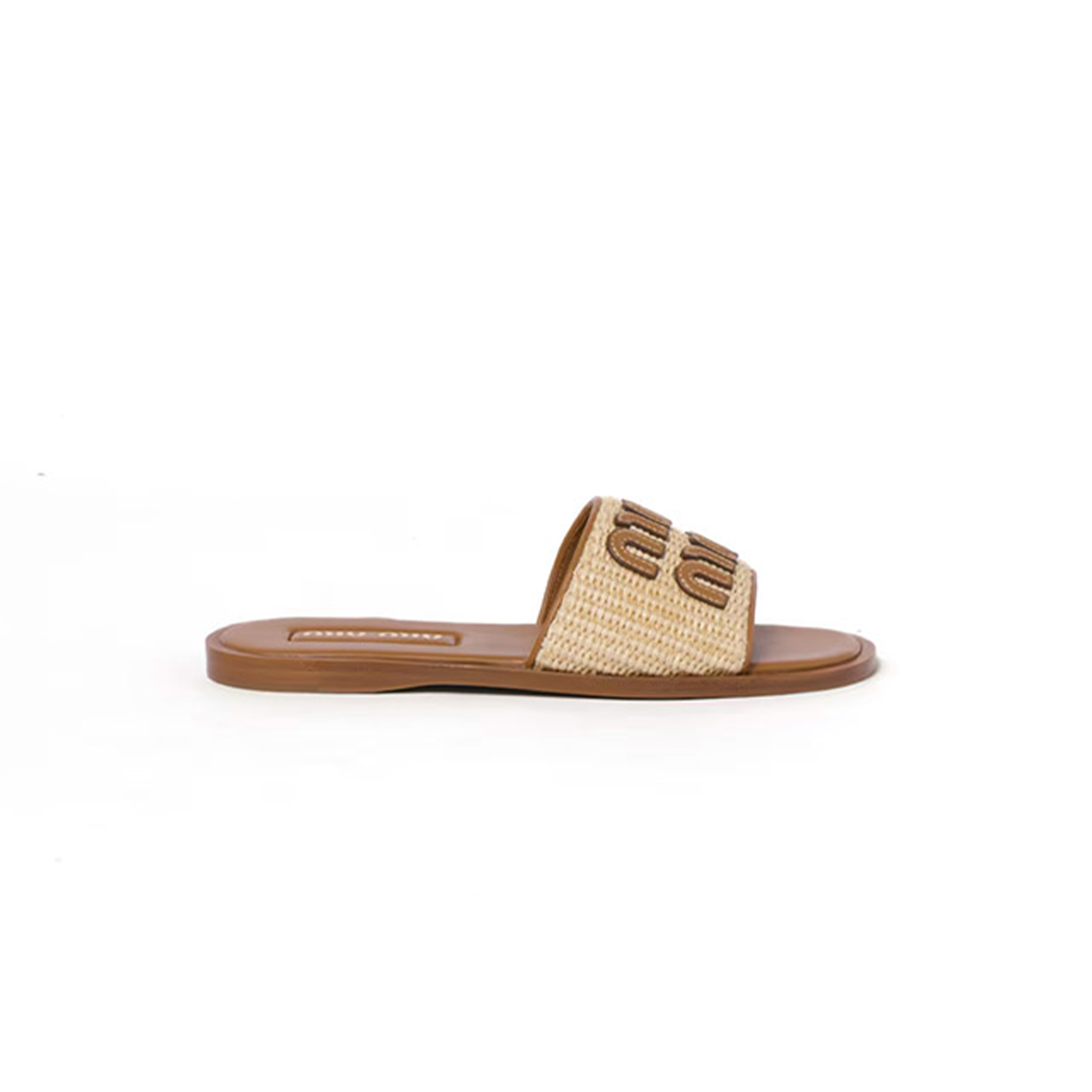 MIU MIU RAFFIA-EFFECT WOVEN FABRIC SLIDES 5XX644